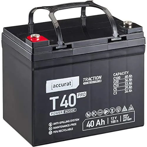 Accurat Traction T40 Pro AGM Bleiakku -12V, 40Ah, +30% Startleistung, wartungsfrei, zyklenfest -VRLA Batterie, Bootsbatterie, USV Batterie, Versorgungsbatterie, Solarbatterie,Blei Batterie für Camping