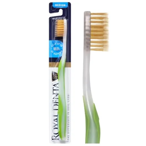 Royal Denta Zahnbürste Mittel, Handzahnbürste sanft zum Zahnfleisch, Doppelborsten für Zahnzwischenräume, mit Goldpartikeln zur antibakteriellen Pflege, ergonomisch & langlebig, Grün
