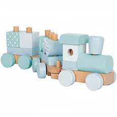 Holzzug Blau mit Bausteinen und Waggons - Buntes Steckspiel für Kinder ab 12 Monaten, fördert die motorischen Fähigkeiten und Kreativität beim Spielen.