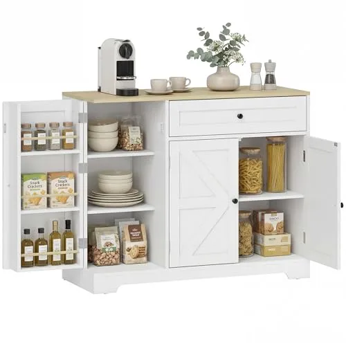 HOMCOM Buffetschrank im Landhausstil mit Schublade und 3 Türen - Multifunktionaler Buffetschrank für Wohnzimmer und Esszimmer mit verstellbaren Regalen und stilvollem Design. Ideal zur Aufbewahrung von Küchenutensilien und dekorativen Elementen. Robuste Verarbeitung für langlebigen Einsatz.