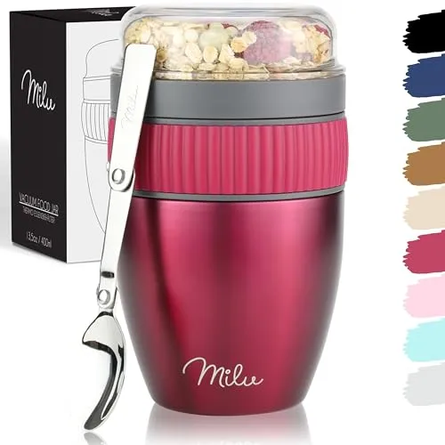 Milu Müslibecher to go 400ml MüsliMax – Isolierter Edelstahl Joghurtbecher für Müsli (Berry) - Doppelwandige Vakuumisolierung hält Snacks bis zu 6 Stunden warm oder 12 Stunden kalt. Auslaufsicher, mit zwei Behältern für Ordnung und leichtem Befüllen. Inklusive faltbarem Löffel – ideal für unterwegs!