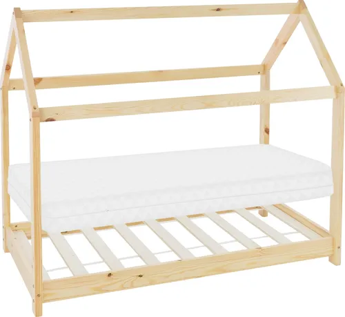 ML-DESIGN Spielbett Hausbett mit Lattenrost - Skandinavisches Kinderbett aus stabilem Kiefernholz, ideal zum Spielen und Schlafen. Mit abnehmbarer, waschbarer Matratze für Allergiker, perfekte Unterstützung für gesunden Schlaf.