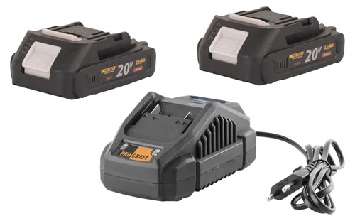 Procraft Starter Pack 20 V mit Ladegerät und 2 Akkus - Praktisches Starter Pack mit 20 V Ladegerät und 2 leistungsstarken 2,0 Ah Akkus. Ideal für Elektrowerkzeuge, sorgt für zuverlässige Energieversorgung und lange Einsatzzeiten.