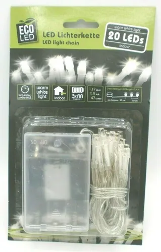 Eco Led Lichterkette,20 Leds,47 Lumen,2,4m Gesamtlänge,Warm Weiss,Indoor,Neu