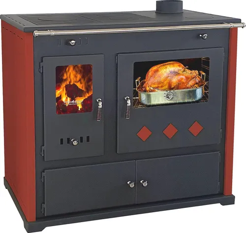 Holzherd Practik LUX in bordeaux - 9,5 kW, externe Zuluft, Dauerbrand - Küchenofen mit elegantem Design, ideal zum Kochen, Backen und Braten ohne Strom. Integriertes Thermometer und herausnehmbare Kochplatten für vielseitige Nutzung.