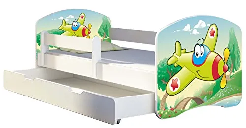 Kinderbett Jugendbett mit einer Schublade und Matratze Weiß ACMA II 140 160 180 40 Design (160x80 cm + Bettkasten, 29 Flugzeug)