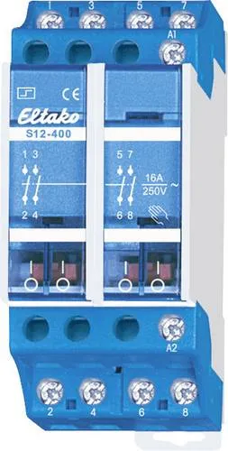 Eltako S12-400-230VAC Stromstoßschalter - 4-poliger 16A/250V AC Stromstoßschalter für DIN-Schienenmontage, ideal für präzise Handbetätigung und zuverlässige Schaltstellungsanzeige.