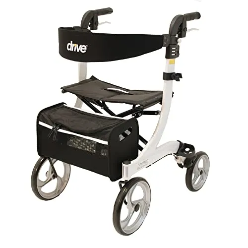Drive Medical Rollator NITRO M Weiß - Rollator für Indoor & Outdoor mit ergonomischen Griffen, gepolsterter Rückenlehne und praktischem Einhand-Faltmechanismus für einfachen Transport und platzsparende Aufbewahrung.