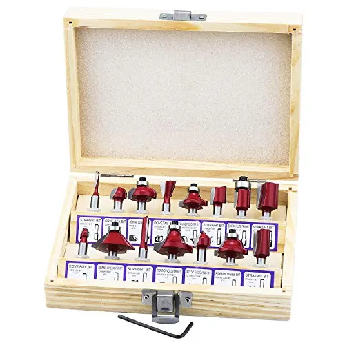 HSEAMALL 15 tlg.Fräser Set 6.35 mm Schaft Fräser für Oberfräse Holzfräser Oberfräsen Zubehör für Holz koffer