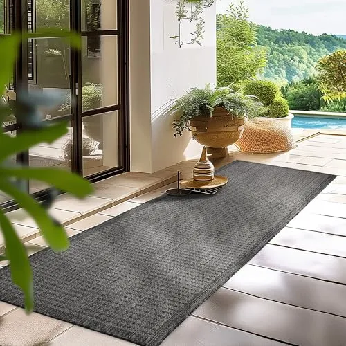 HomebyHome Outdoor-Teppich Flachgewebe Wetterfest Einfarbig Schwarz Küchenteppich, Balkon Terrassen Garten Wohnzimmer Teppich 60 x 100 cm