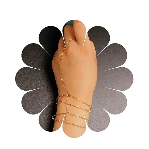 Yheakne Boho Fingerarmband Gold geschichtetes Kettenarmband Ring Handgelenkarmband Vintage Handgeschirr Kettenarmband Schmuck für Frauen und Mädchen (Gold B)