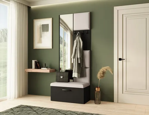 Garderobe MARGARET III, Schwarz + Hellbeige - Moderne Garderobe mit gepolsterten Paneelen, Spiegel und Schuhschrank für Ordnung und Stil im Flur. Ideal für kleinere Räume mit praktischen Kleiderhaken.