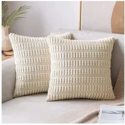 2er Set Kissen mit Füllung (60x60cm Creme) Modell Mosa Kordsamt kurz gestreift, als Sofakissen, Couchkissen Dekokissen Zierkissen, Premium Füllkissen inklusive, weich & angenehm, Doppelpack