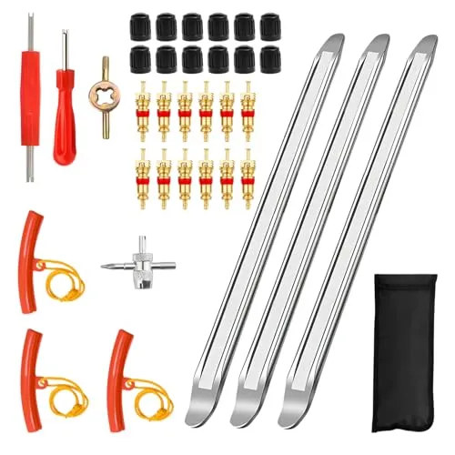 Cudeyrey 35 Stück Reifenheber Reifen Montiereisen, 30 cm Reifenmontierhebel, Reifenmontage Werkzeug, Montierhebel Reifen, mit 4 Felgenschützern, Reifenventil Kit, für Motorrad, Fahrrad, Auto
