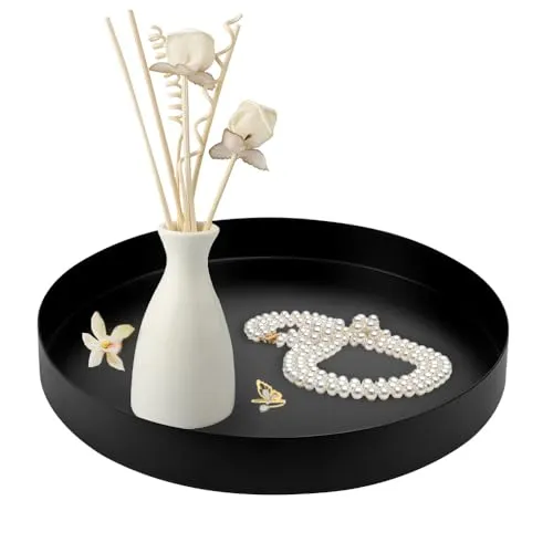 SLTAXAR Rundes Tablett Schwarz Matt aus Edelstahl - Deko Serviertablett Metall 20cm für Make-up, Schmuck und Organizer