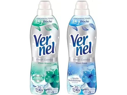 VERNEL Weichspüler-Set 2x 37 Waschladungen (74WL) Fresh Control 1x Cool Fresh & 1x Fresh Breeze, Wäscheduft für 24/7 langanhaltende Frische mit Geruchs-Neutralisierungs-Technologie