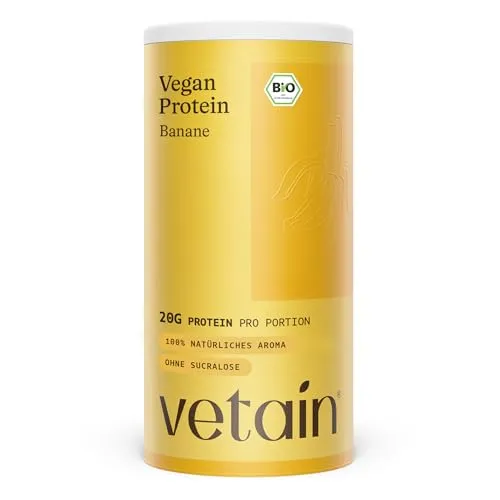 VETAIN BIO Veganes Proteinpulver - Banane - 20g Eiweiß pro Portion - Genieße 20g pflanzliches Eiweiß pro Portion aus fünf hochwertigen Proteinquellen. Ideal für Shakes und Rezepte, 100% rein und ohne künstliche Zusätze.