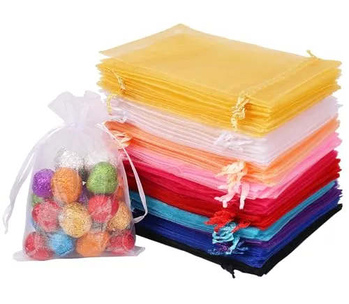 Organzasäckchen 10x15, 100 Stück Kleine Tüten Organza Säckchen zum Befüllen Geschenk Organzabeutel für Süßigkeiten Party Hochzeit Bonbonsbeutel, Schmuckbeutel Geschenkbeutel(Bunt)