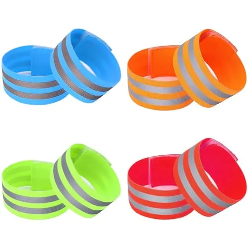Zephyra 8 PCS Reflektorband,Reflektierendes Sicherheitsarmband,Reflektorbänder für Outdoor,Elastische Reflektorband Hosenklammer für Fahrrad,Joggen,Wandern,Hochsichtbare,4 Farben(Blau,Orange,Grün,Rot)