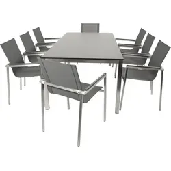 DEGAMO Garnitur MELBOURNE 9-teilig - Gartenmöbel-Set aus gebürstetem Edelstahl, wetterfest und langlebig, ideal für stilvolle Entspannung im Freien.