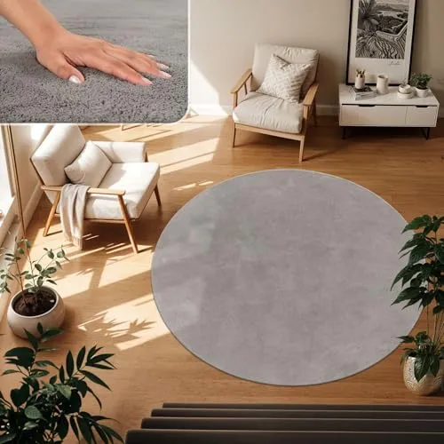 TT Home Wohnzimmer Teppich Kurzflor Anti-Rutsch Rückseite Unifarben Modern Waschbar, Farbe: Grau, Größe:80 cm Rund
