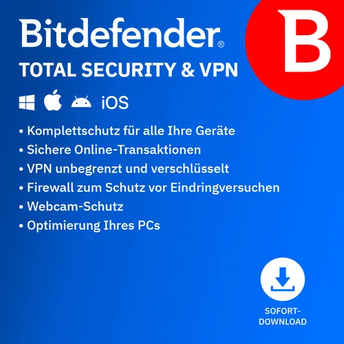 Produktbild Bitdefender Total Security 2025 mit unbegrenztem VPN für 3 Geräte