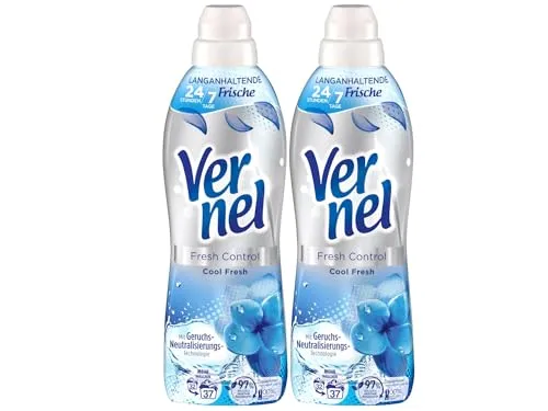 VERNEL Fresh Control Cool Fresh Weichspüler 2x 37 WL (74 Waschladungen), Wäscheduft für 24/7 langanhaltende Frische mit Geruchs-Neutralisierungs-Technologie, recycelbare Flasche