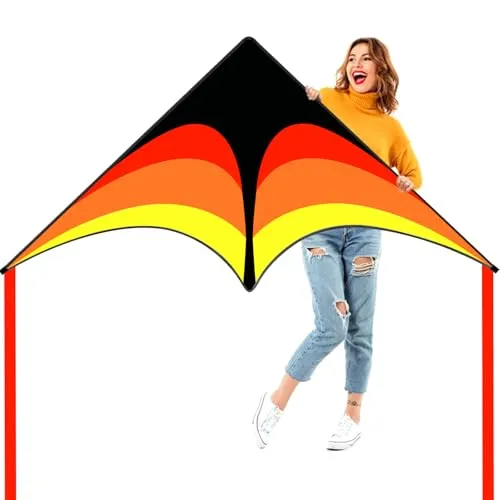 Flying Hoofer Delta Drachen Flugdrachen für Erwachsene und Kinder - 60'' x 30'' - Einleiner Flugdrachen, Leicht zu fliegen - Komplett mit 300ft Drachenschnur und Griff.(Orange&Gelb)