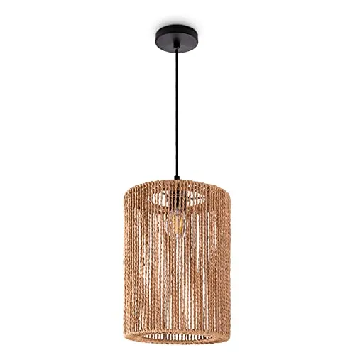 Paco Home Pendelleuchte Esstisch Papier Boho Hängelampe Esszimmer Lampe E27 Hängeleuchte Rattan, Farbe:Natur (Ø25cm), Leuchtenart/Farbe:Pendelleuchte - Schwarz