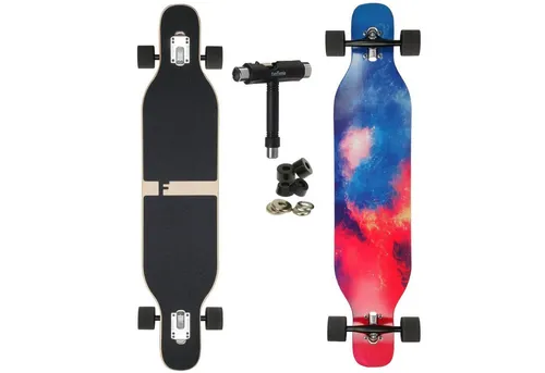 FunTomia Longboard mit LED Rollen - Galaxy - Longboard für Carving und Cruising, aus 7-lagigem Ahornholz, mit Camber Twin Tip und LED Rollen für zusätzlichen Spaß. Ideal für Einsteiger und Fortgeschrittene bis 68 kg.