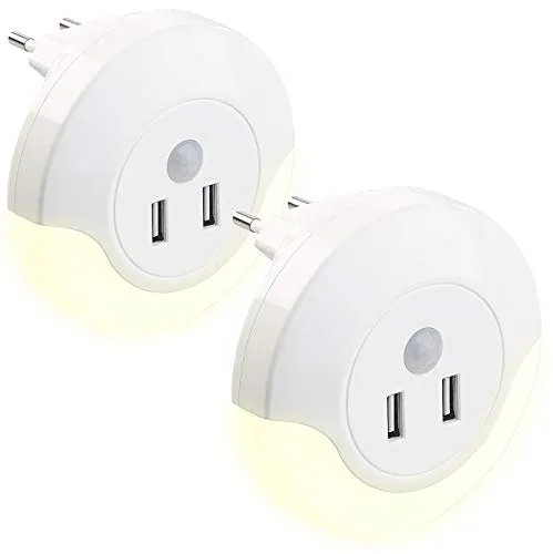 Luminea Automatik-Nachtlichter: 2 LED-Steckdosen-Nachtlichter, PIR- und Lichtsensor, 2x USB (10 Watt) (mit PIR-Sensor, Steckdosenladegerät, Steckdose mit Bewegungsmelder)