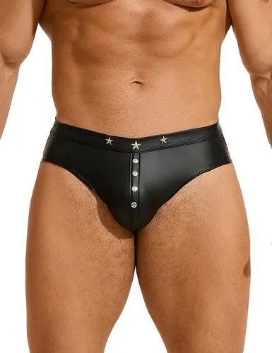 Lau-Fashion Slip Herren Nieten Wetlook Lack Leder Männer Schwarz Unterwäsche M/L/XL
