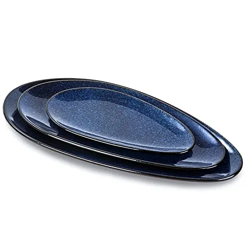 vicrays Große ovale Servierplatten, 40.6 cm/35.6 cm/25.4 cm, Porzellan-Servierplatten für Party, stapelbare Serviertabletts, Servierteller für Vorspeisen, Sushi, 3er-Set (blau)