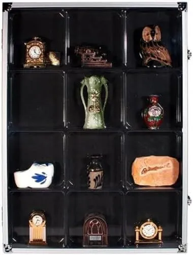Sammelvitrine mit 12 Fächern - Ordnerzubehör mit 12 transparenten Fächern, eleganter Alu-Rahmen und sicherem Schloss, ideal für die stilvolle Präsentation von Sammlerstücken.