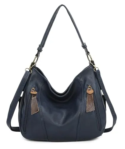 ITALYSHOP24 OBC Damen Tasche Shopper Hobo-Bag Schultertasche Leder Optik Umhängetasche Handtasche Crossover Reisetasche Beuteltasche Handtasche Dunkelblau