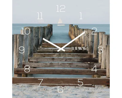 Levandeo® Wanduhr Glas 30x30cm - Strandmotiv - Wanduhren, hochwertige Glasuhr mit strahlendem Strandmotiv, gefertigt aus Sicherheitsglas für einen modernen Look und brillante Farben.