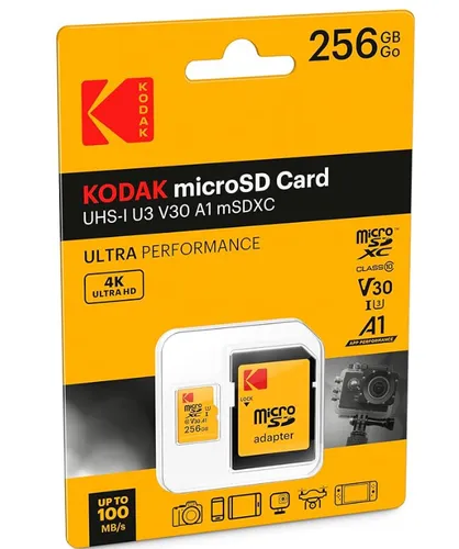 Kodak SD 256GB UHS-I U3 V30 Ultra - Schnelle Speicherlösung - Speicherkarten, 256GB Kapazität mit UHS-I U3 V30 für blitzschnelle Datenübertragungen und optimal für 4K Videoaufnahmen.