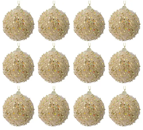 Kaemingk Weihnachtsbaumkugel, Weihnachtskugeln Kunststoff 8cm Perlen Pailletten 12er Set - Hellgold