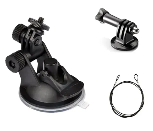 ShipeeKin Kfz Auto Saugnapf Halterung mit 1/4-20 Gewindekopf und 60cm Edelstahl Schlüsselband für alle Gopro Heros, GPS, GeekPro, SJCAM,Xiaomi Yi, 4K, Insta360 and Mikro-SLR usw.