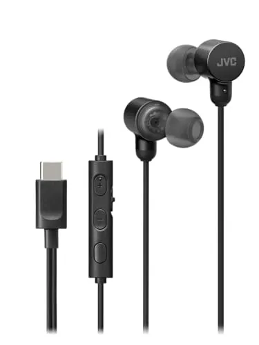 JVC HA-FR29UC-B - USB-C Ohrhörer, DA-Wandler, Hi-Res-Audio, Mikrofon mit Stummschaltung, Bequeme Silikon-Ohrstöpsel, 3-Tasten-Fernbedienung, Plug & Play für PC/Smartphone/Gaming, Farbe Schwarz