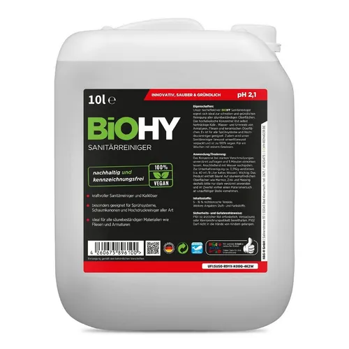 BiOHY Sanitärreiniger 10L | Bio Kalklöser für Bad & WC - Spezialputzmittel für alle säurebeständigen Oberflächen, entfernt effektiv Kalk & Schmutz und hinterlässt einen frischen Erdbeer-Duft. 100% biologisch abbaubar und umweltfreundlich.