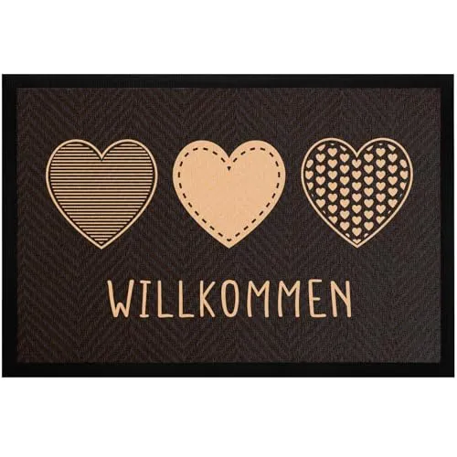 MoonWorks® Fußmatte Willkommen Motiv Herzen Türmatte Deko Haustür Eingang rutschfest & waschbar Beige-schwarz 60x40cm