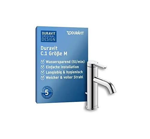 Duravit Einhebel-Waschtischmischer M C.1 mit Zugstangen-Ablaufgarnitur Chrom - Waschtischarmatur mit langlebigem Keramikmischsystem und Kaltstart-Technologie für umweltfreundlichen Wasserverbrauch. Ideal für moderne Badezimmer.