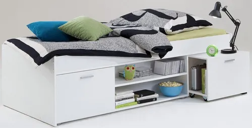 Funktionsbett FMD, weiß, 90x200 cm - Praktisches Funktionsbett mit ausziehbarem Nachttisch, Pflegeleichte Melaminoberfläche und Made in Germany - perfekt für jedes Schlafzimmer.