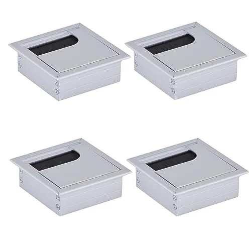 HOOZ 4X Kabeldurchführung Schreibtisch, 80mm Aluminium Kabeldurchlass mit Bürstendichtung, Kabeldurchführung Tisch für Tisch Büro Arbeitsplatten, Kabelkanal für Möbel und Schreibtisch (Quadratisch)