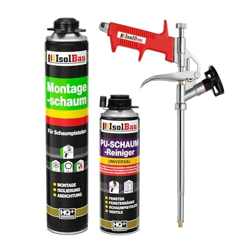 Isolbau Bauschaum-Set - Inkl. 1 x 1K Montageschaum B2 Pistolenschaum mit hervorragender Schall und Wärmedämmung (je 750 ml), 1 x PU-Schaum-Reiniger (500 ml) & 1 x Schaumpistole, Dämmen