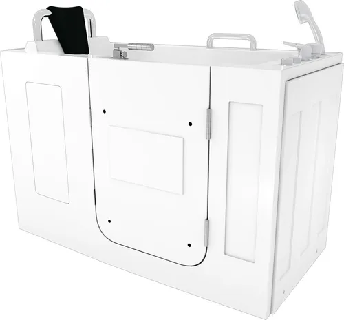 Sitzwanne Whirlpool Badewanne mit Tür S07WP-A-R 140x76cm - Badewanne für Senioren mit seitlicher Tür für sicheren Einstieg, aus hochwertigem Sanitär-Acryl, inklusive 8 Düsen für Wassermassage und bereits eingebauten Armaturen.