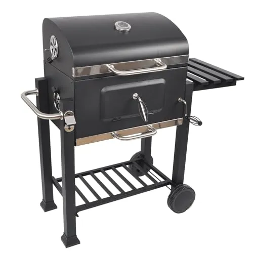 LQWELL Grillwagen XL BBQ Smoker Trolley mit Deckel und Thermometer - Geräumiger Holzkohlegrill mit großzügiger Grillfläche und verstellbarem Grillrost für optimale Temperaturkontrolle. Praktische Ablageflächen und einfache Reinigung machen ihn zum idealen Begleiter für Gartenpartys.