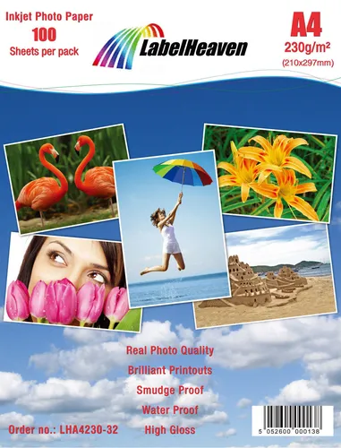 Blatt DIN A4 230g/m² Fotopapier HGlossy+wasserfest von LabelHeaven Ltd 100