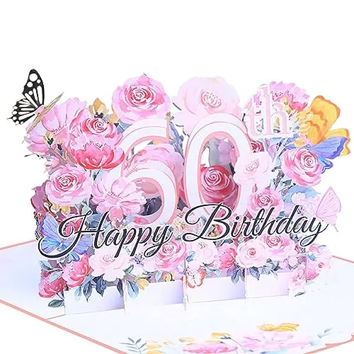 Geburtstagskarte zum 60. 3d blume pop up geburtstag karte Grußkarten Geschenk-Karte mit Umschlag Happy Birthday Greeting Card für sechzig 60 jahre frau, Mütter, Freunden, Familie women wife (Rosa)